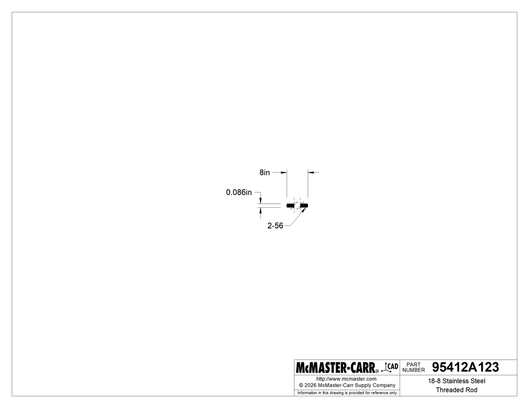 Technical Drawing of 18-8 Stainless Steel Threaded Rod, 2-56 Thread Size, 8" Long.